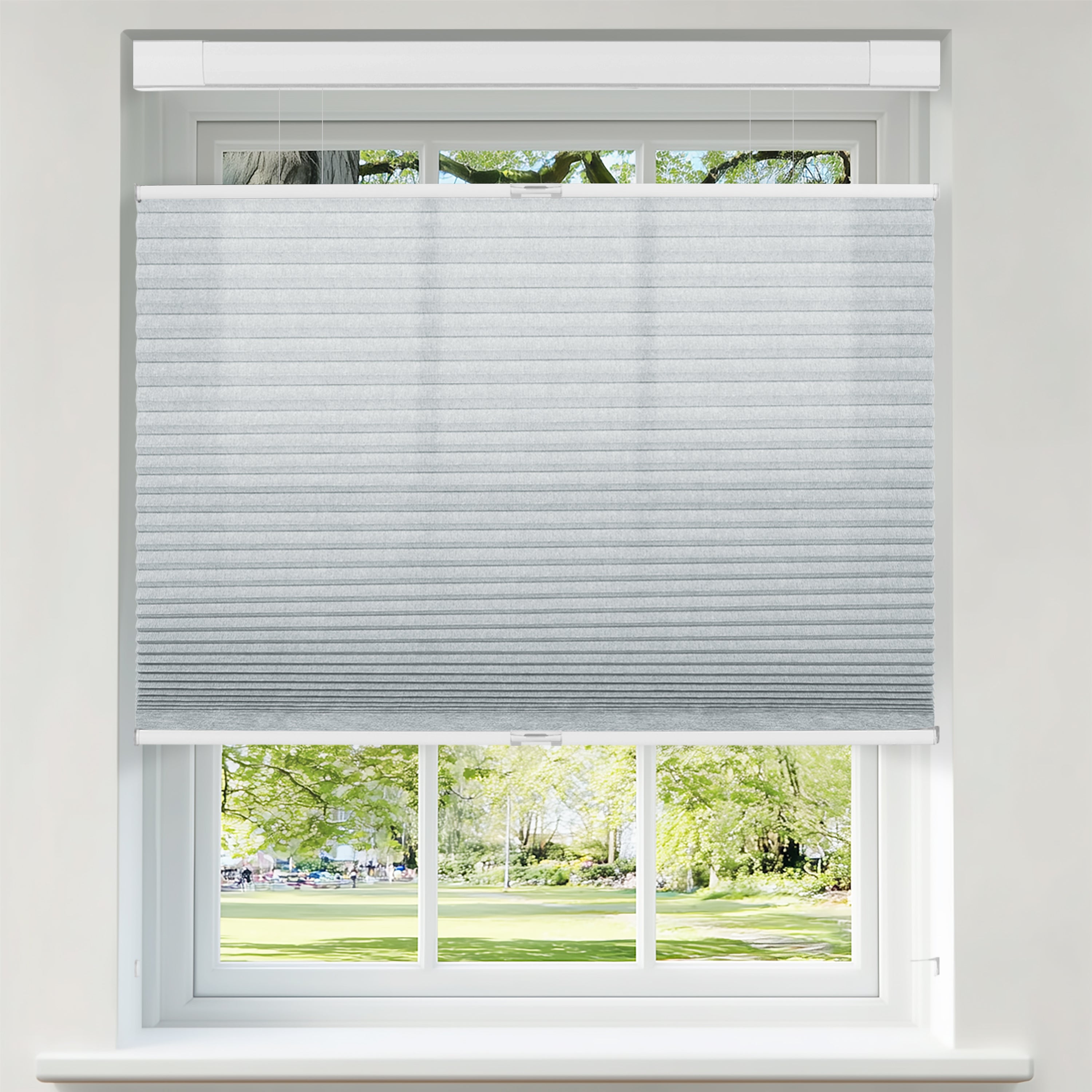 Sulugood New Arrival No Drill Top Down Bottom Up Cellular Honeycomb Blinds Cell In Cell Design in a modern window.