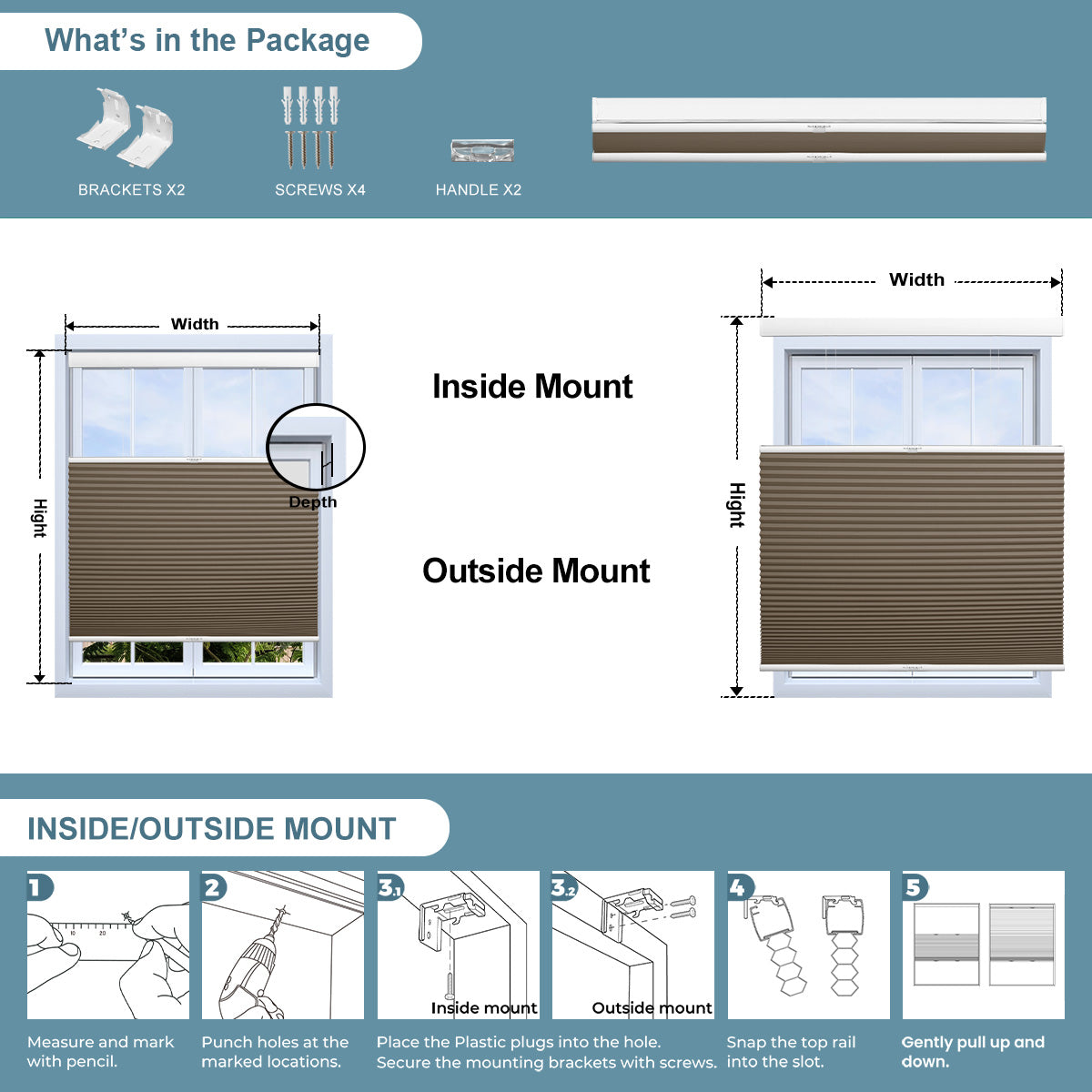 Sulugood Top-Down Bottom-Up Same Color With Casing Cellular Shade installation guide with inside and outside mount options.