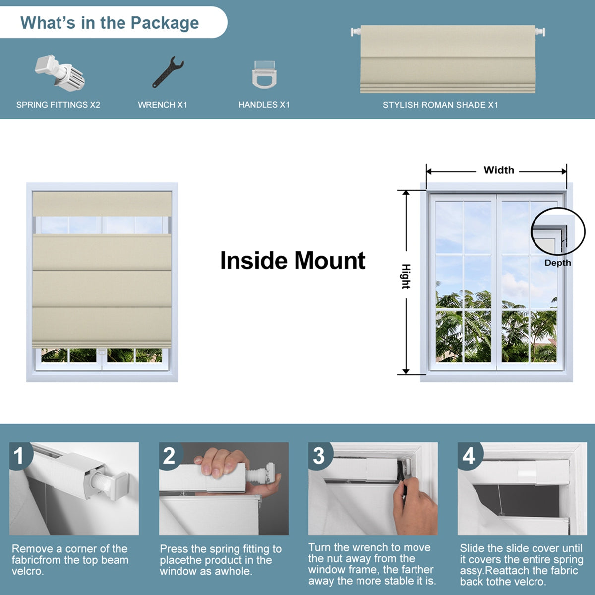 Sulugood No Drill Double Sided Linen Blackout Top Down and Bottom Up Roman Shades installation guide and package contents.