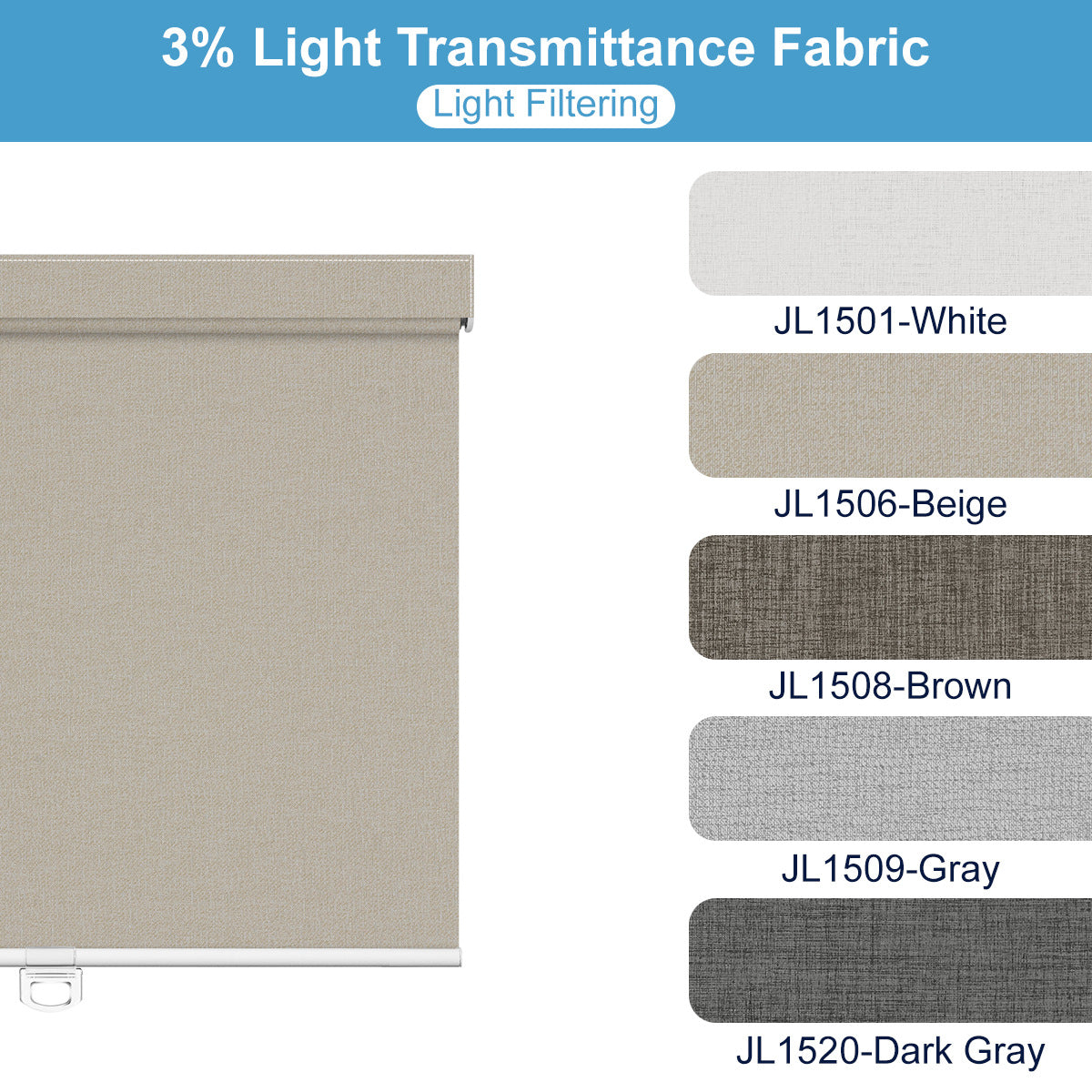Light filtering roller blind fabric with 3% light transmittance in beige, white, brown, gray, and dark gray colors