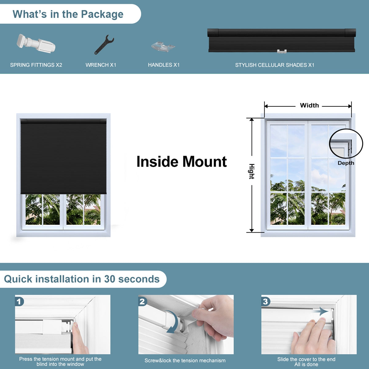 Sulugood NO Drill Same Color With Casing Cellular Shade installation guide and package contents.