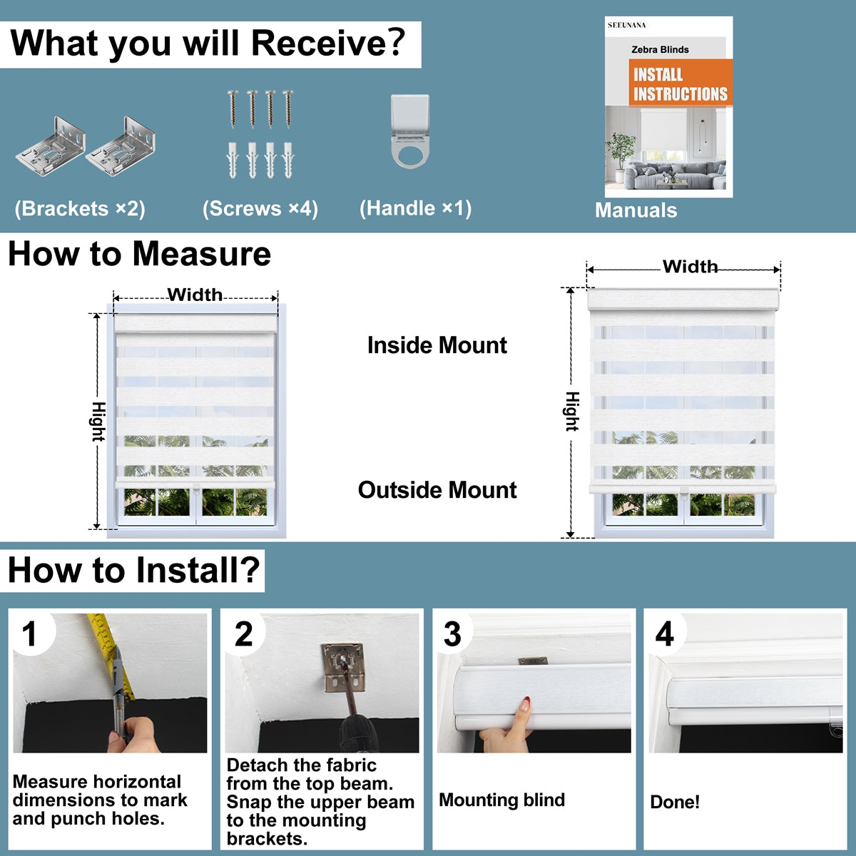 Sulugood Custom Cordless Light-Filtering Zebra Shades with Cover & Handhold installation guide and measurement instructions.