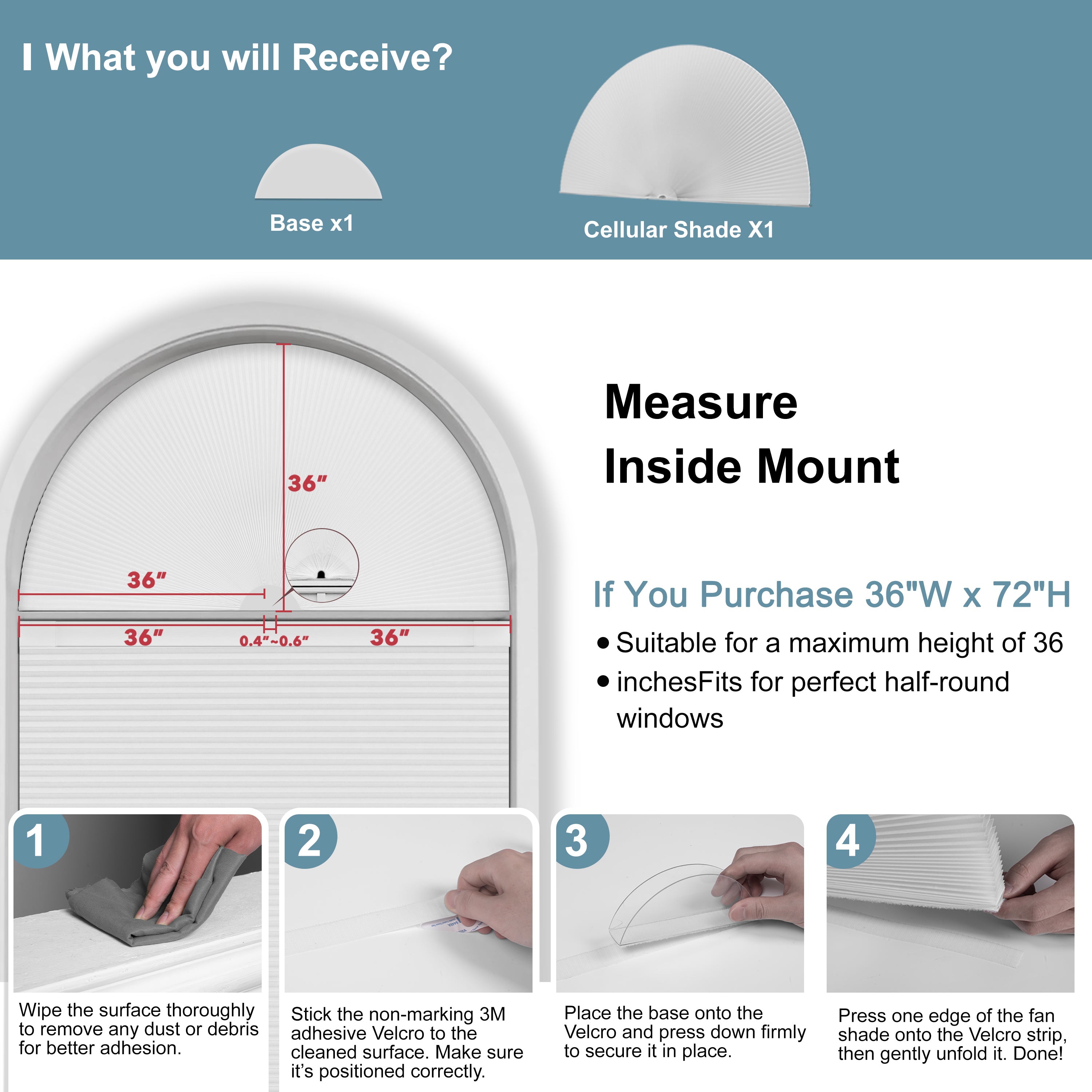 Sulugood New No Drill Arch Half Circle Cordless Cellular Shades measuring guide with installation instructions and product components.