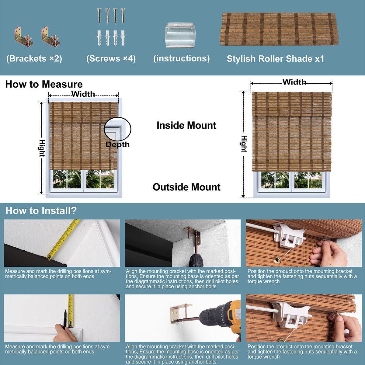 How to measure and install Sulugood Warm Natural Cordless Blackout Light Filtering Bamboo Roman Shades for optimal fit.