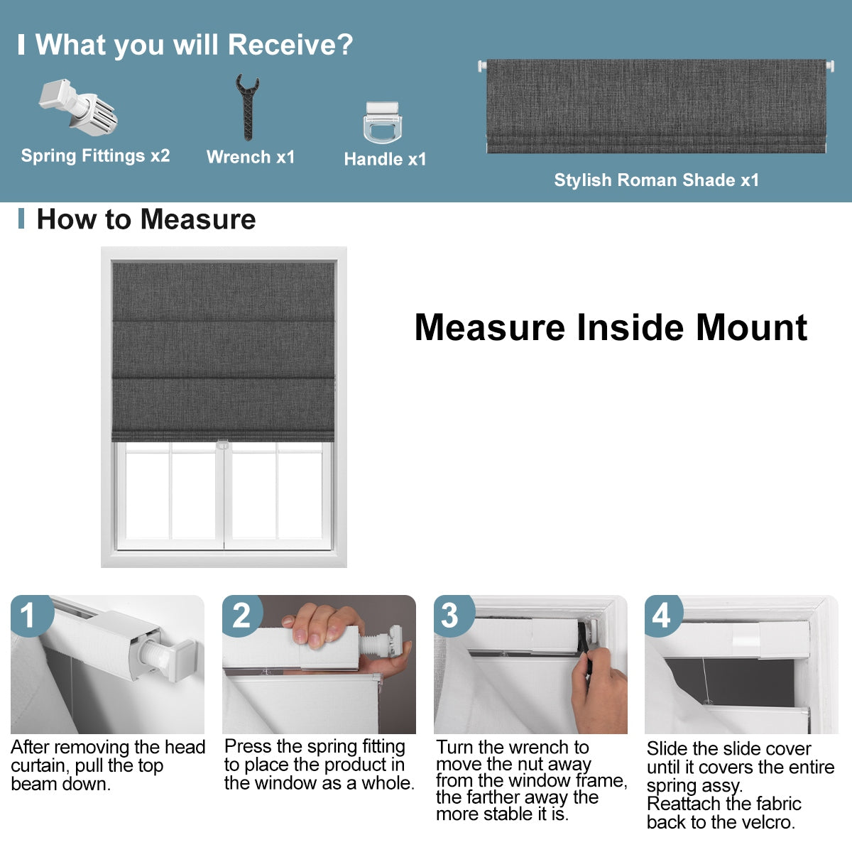 Sulugood No Drill Linen Fabric Cordless Blackout Roman Shades