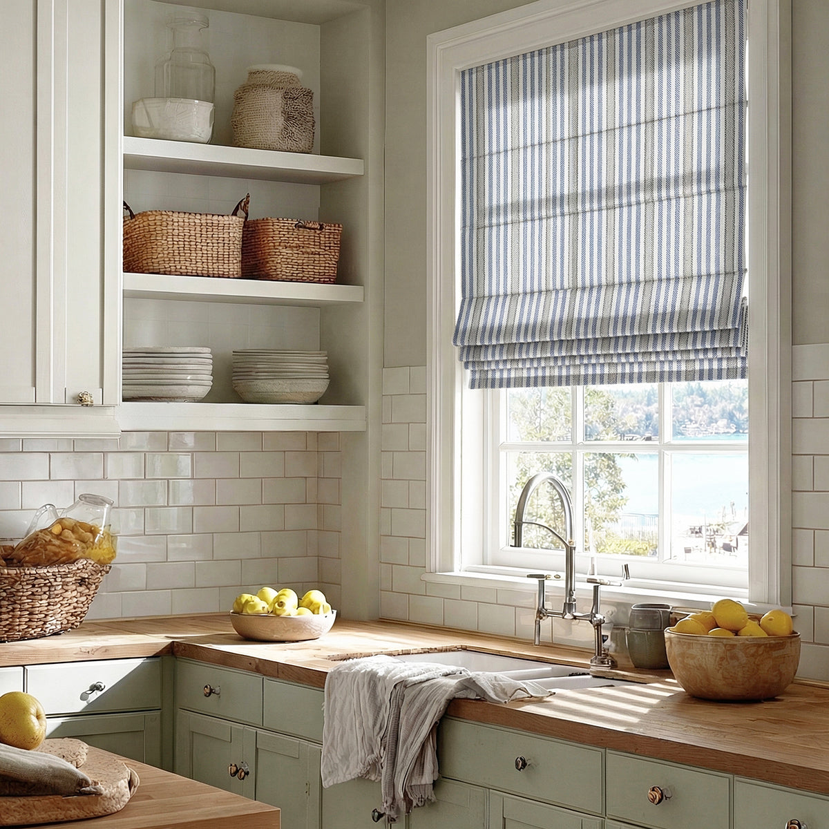 Sulugood Custom Square Stripe Light Filtering Cordless Roman Shades installed in a kitchen window.