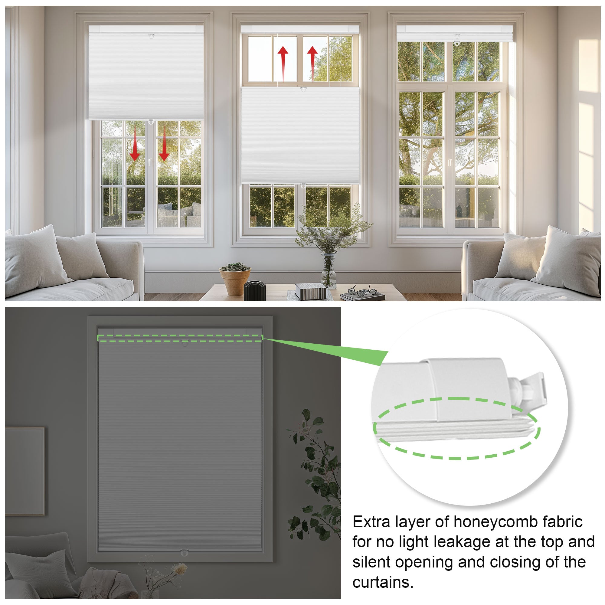 White honeycomb cellular shades on living room windows with extra top fabric layer for light blocking