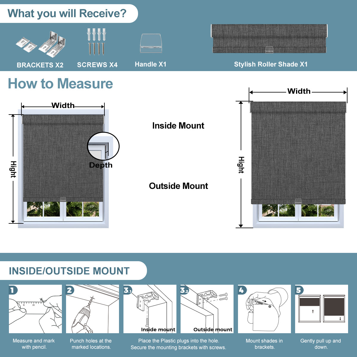 Sulugood Cordless Smart Custom Fabric-Wrapped Electric Roller Shades installation guide, measuring instructions, mounting options.