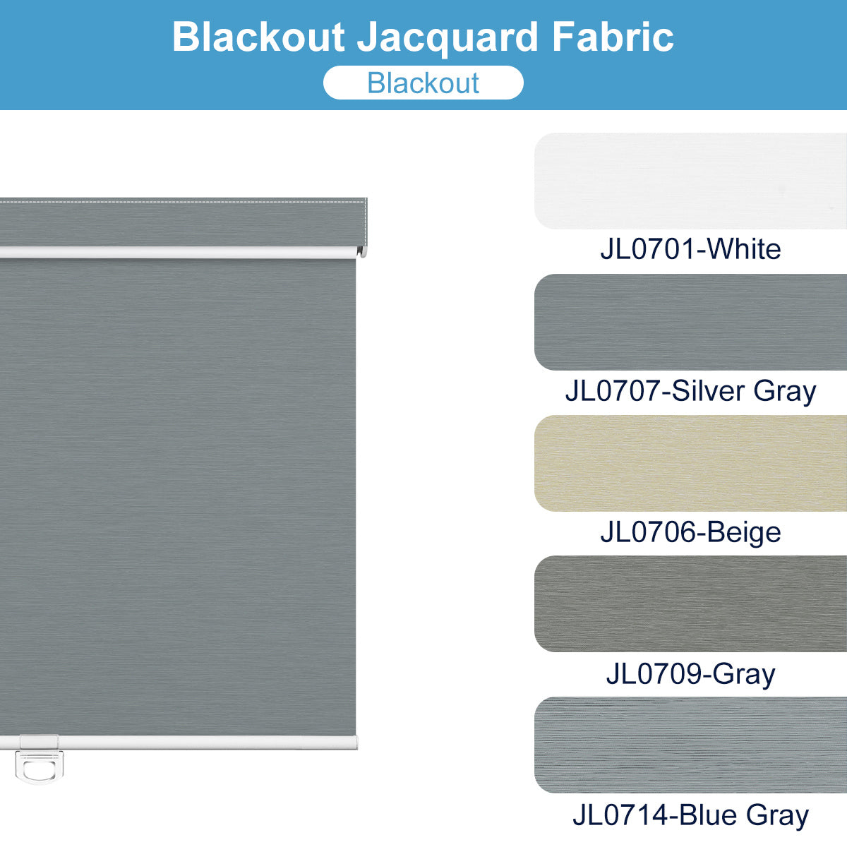 Blackout jacquard fabric roller blind in silver gray with color swatches including white, beige, gray, and blue gray