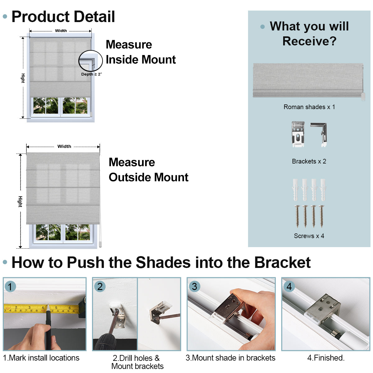 Sulugood Fabric Samples Iron Beaded Roman Shade product detail showing measurement tips and installation steps.