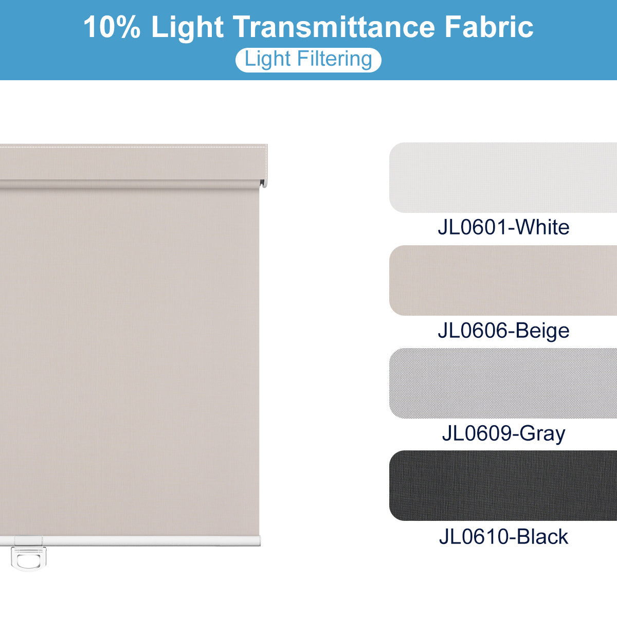 Beige roller blind fabric with 10% light transmittance, available in white, beige, gray, and black