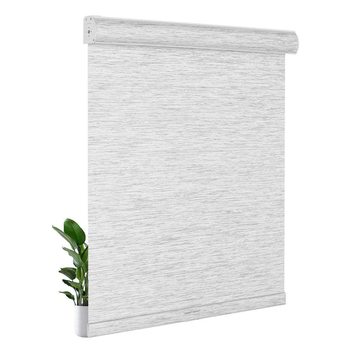 White textured roller shade with mounting bracket and green potted plant peeking from behind