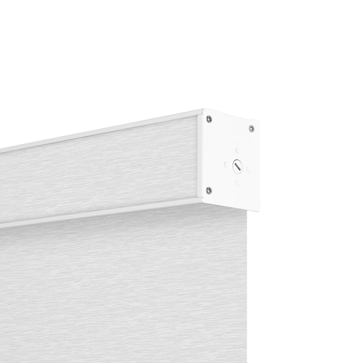 Close-up of white roller blind with metal bracket and light wood textured fabric