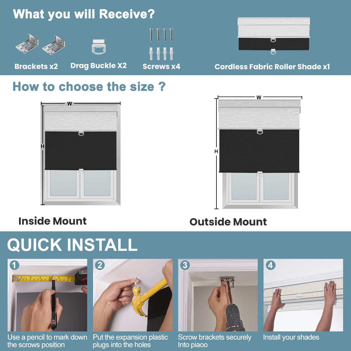 Sulugood Dual Cordless Light Filtering Jacquard and Blackout Fabric Roller Shades