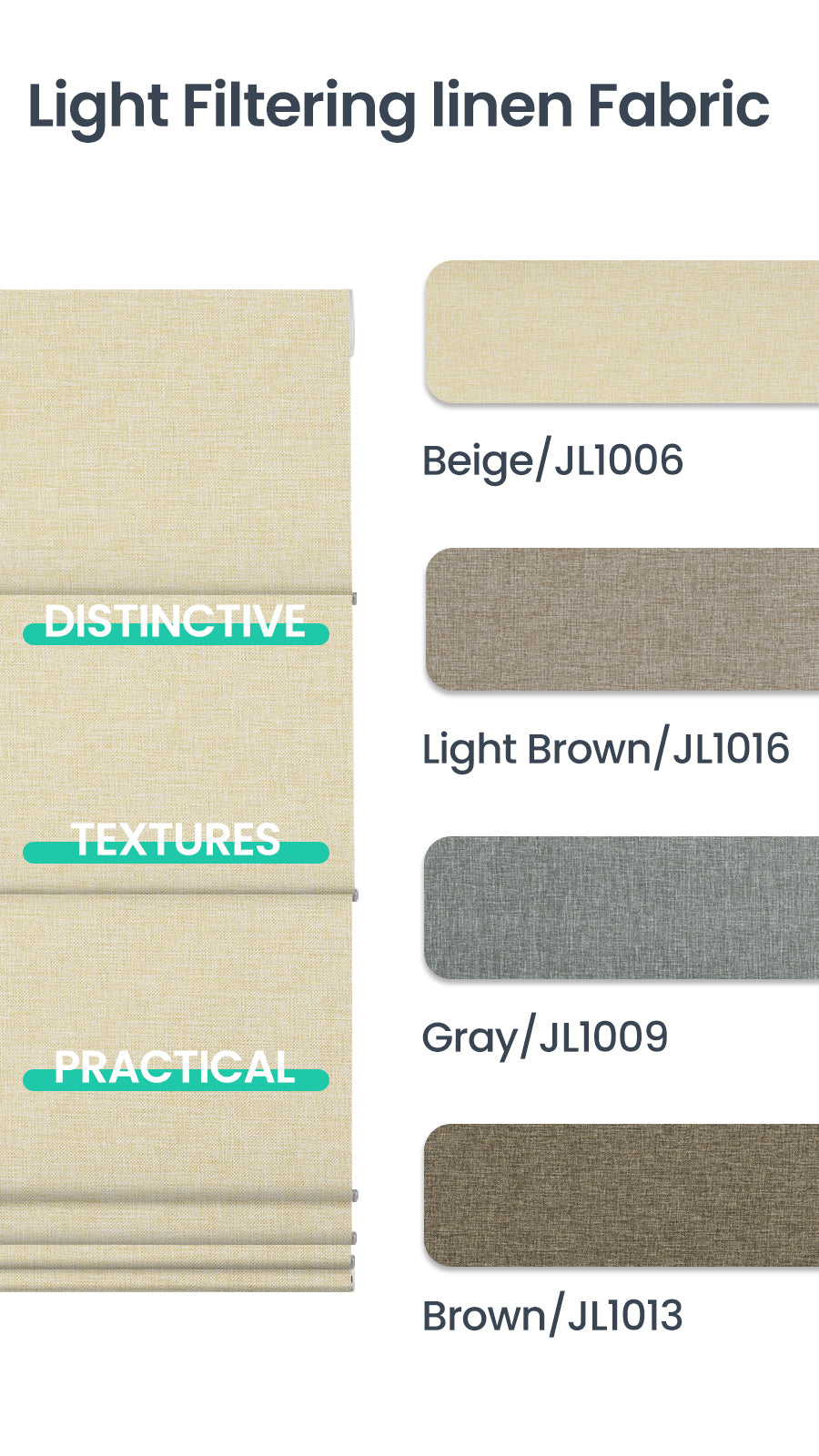 Light Filtering linen Fabric swatches including beige, light brown, gray, and brown for Sulugood Classic Cordless Roman Shades.