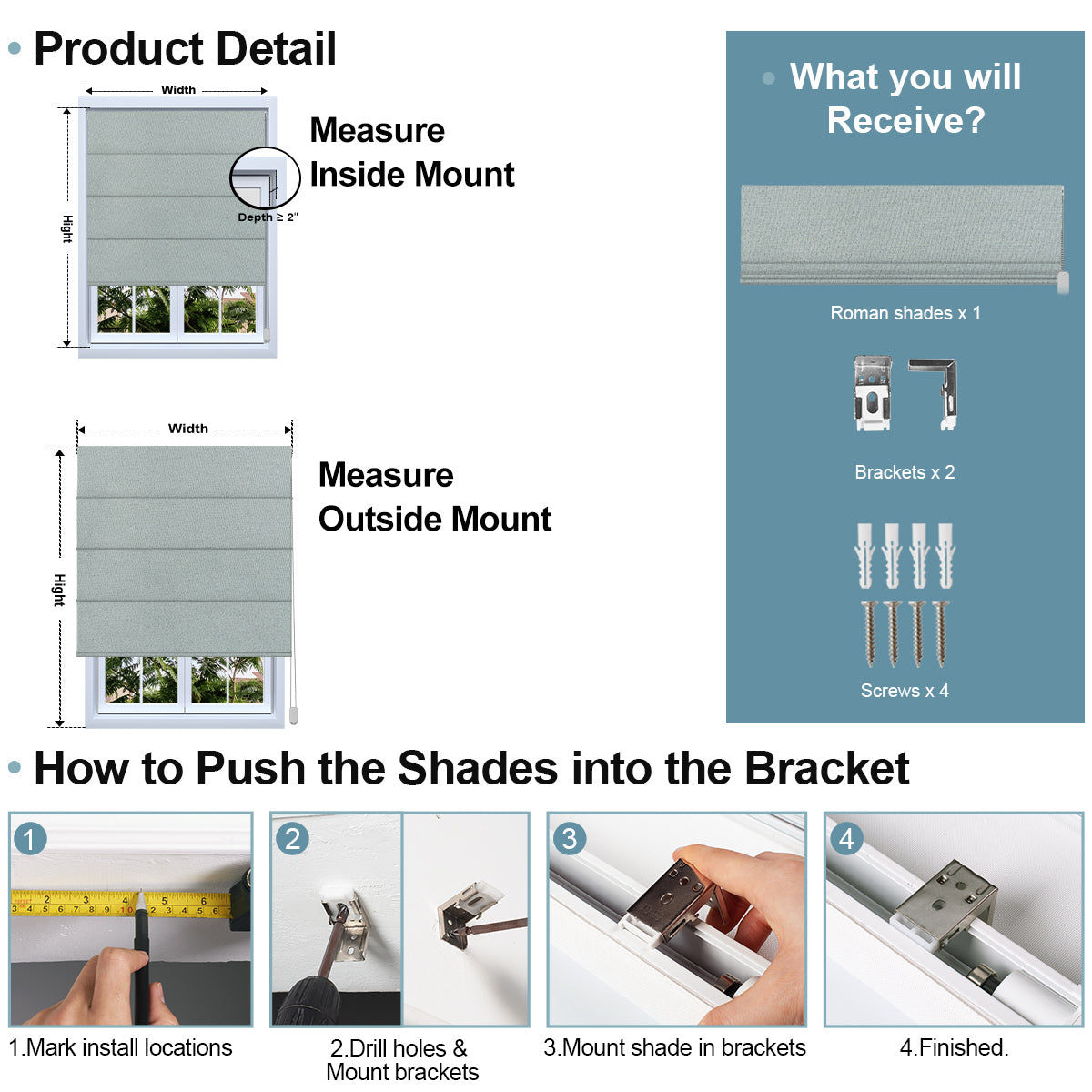 Sulugood Fabric Samples Iron Beaded Roman Shade measuring guide and installation instructions