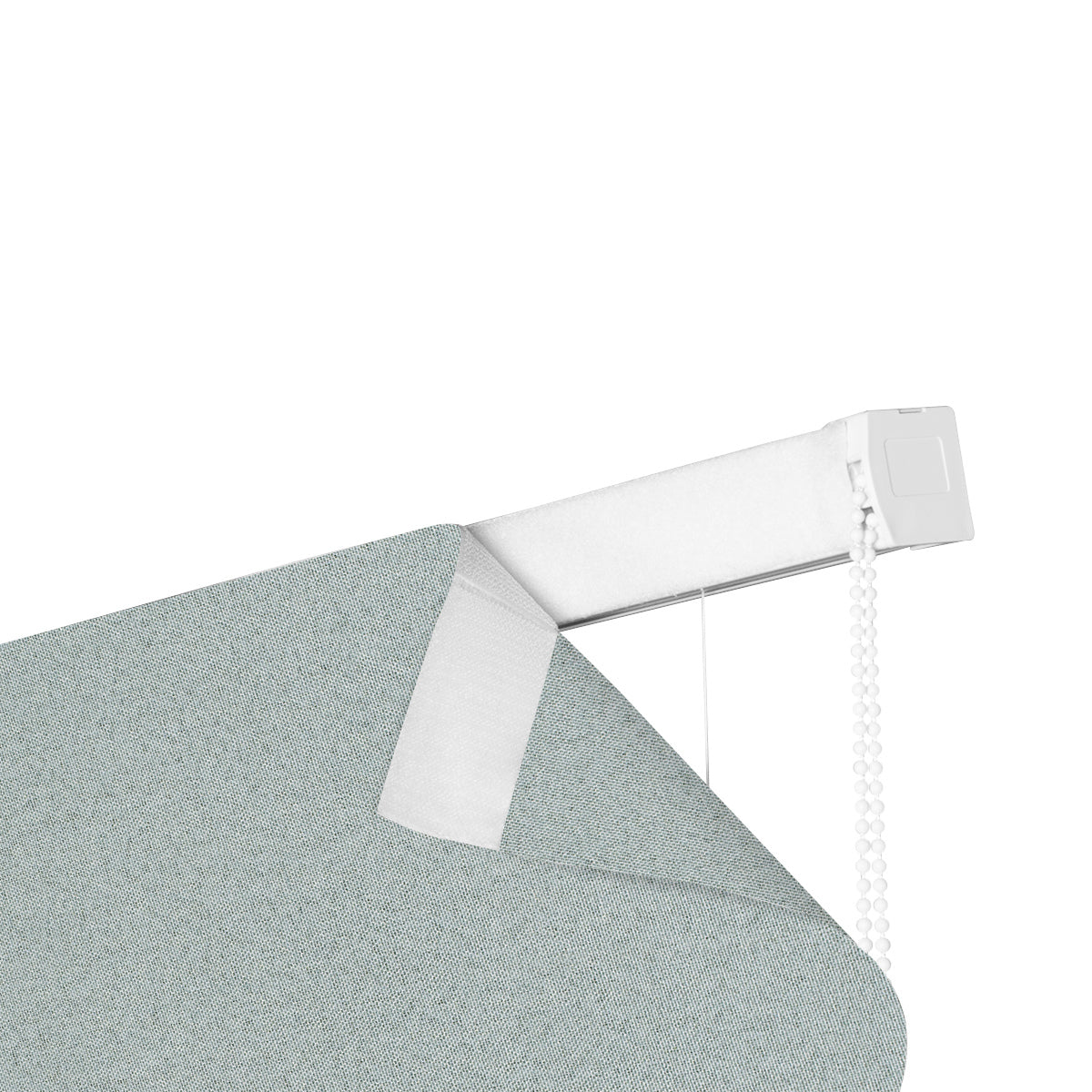 Sulugood Fabric Samples Iron Beaded Roman Shade detail showing the top mechanism and fabric texture.