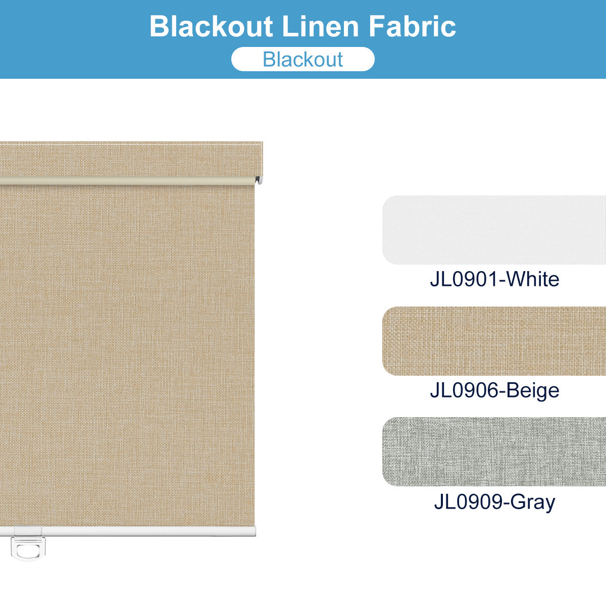 Blackout linen fabric roller shade in beige with fabric swatches in white, beige, and gray