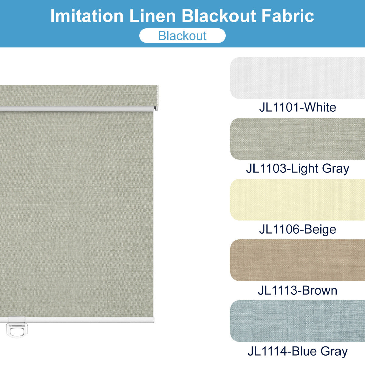 Imitation linen blackout roller shades in five colors: white, light gray, beige, brown, and blue gray fabric samples