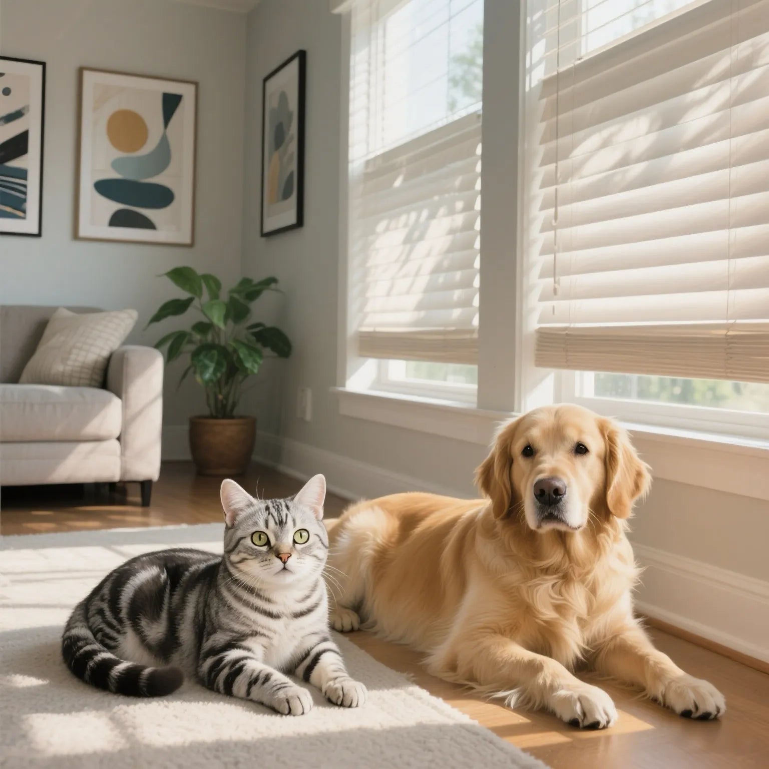 Golden retriever dog and silver tabby cat lying on rug in sunny modern living room