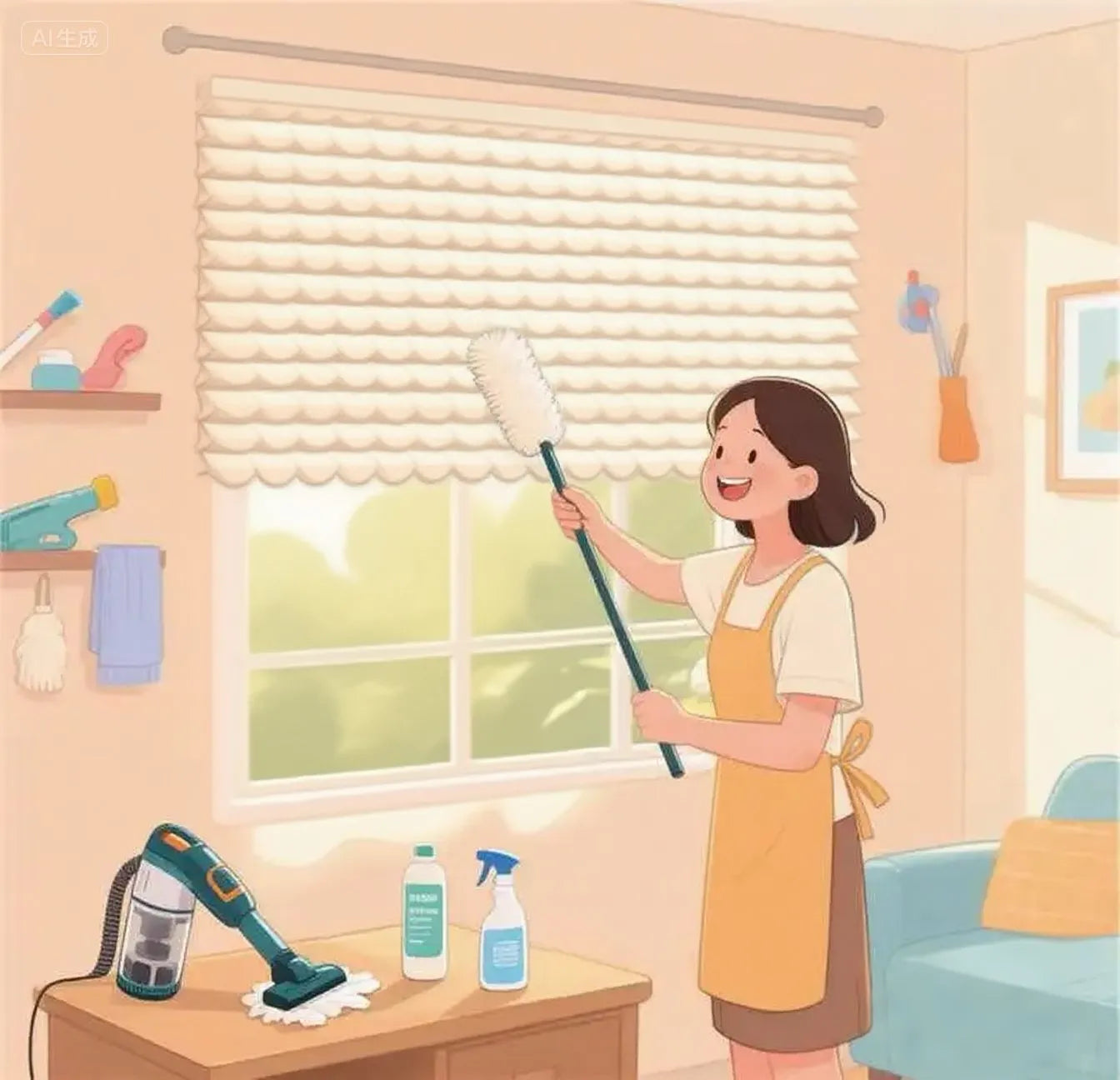 Illustration of a woman in an apron dusting a window in a cozy living room with cleaning tools