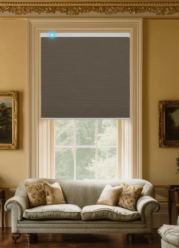 Gray cellular window shade partially covering a large window above a classic beige sofa with patterned pillows in a traditional living room.