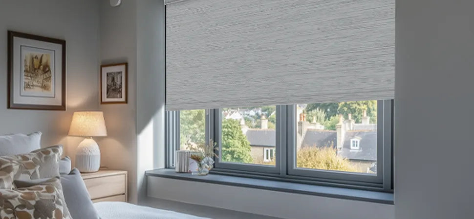 Modern bedroom with gray roller blinds partially closed on large windows, cozy bed, and bedside lamp