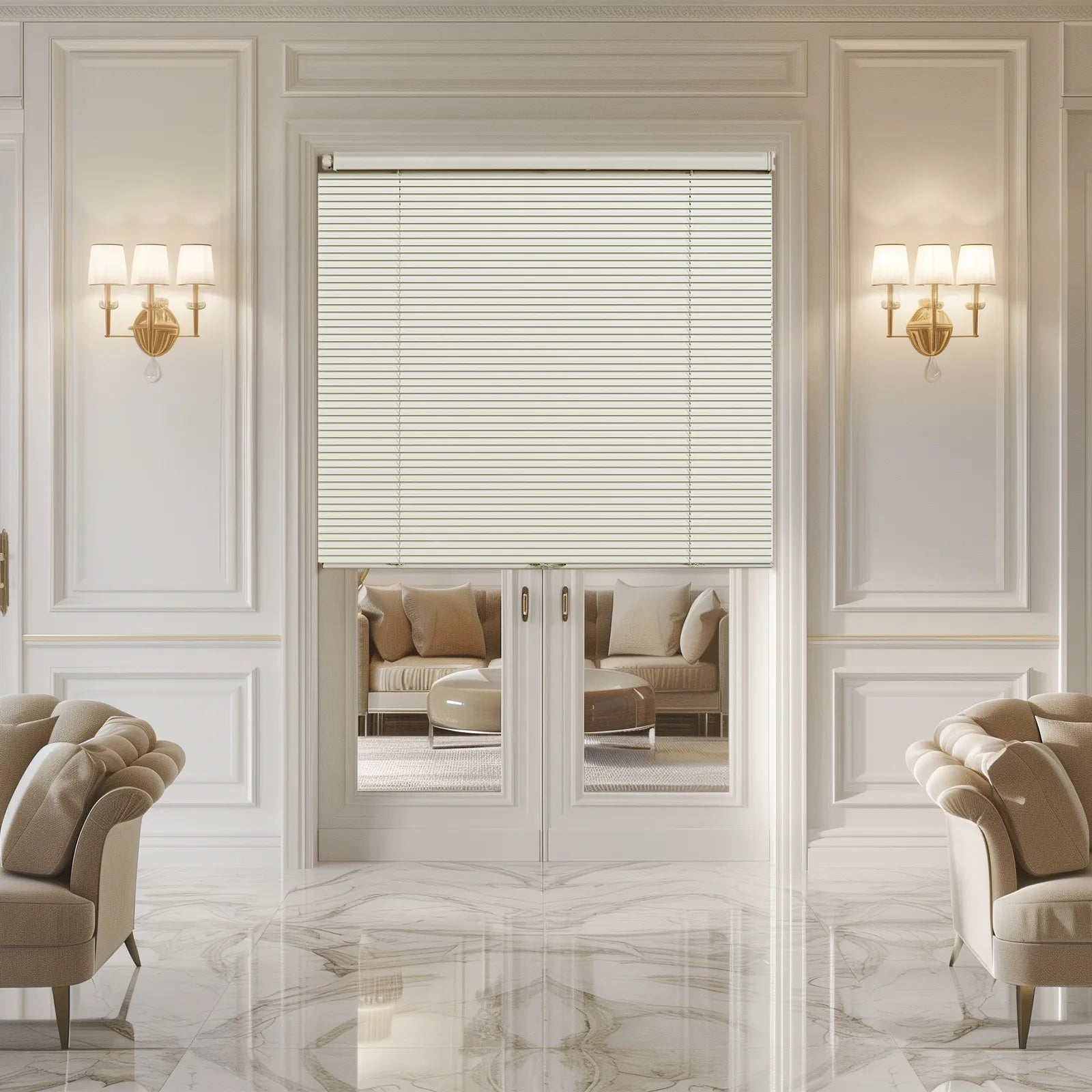 Elegant living room with beige sofas, marble floor, white walls, gold sconces, and half-closed white blinds