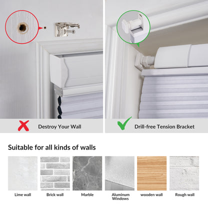 Comparison of drill hole damage versus drill-free tension bracket for window blinds on various wall types