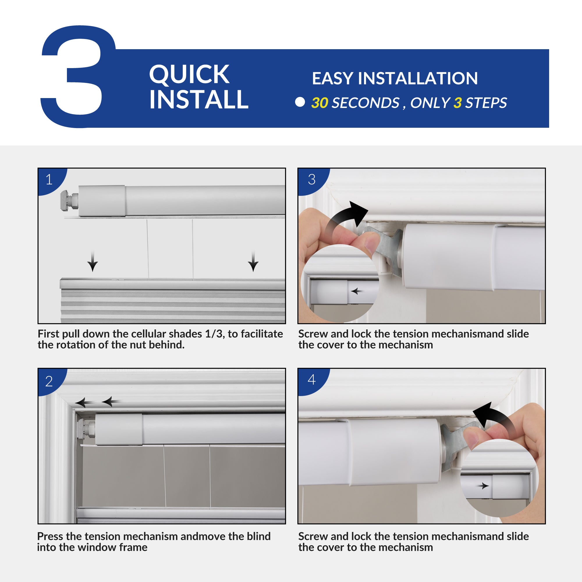 Step-by-step installation of cellular shades with tension mechanism in window frame