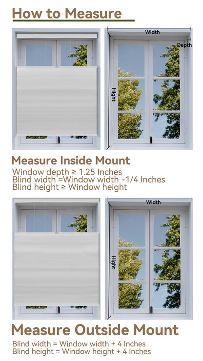 Diagram showing how to measure window blinds for inside and outside mount with labeled width, height, and depth