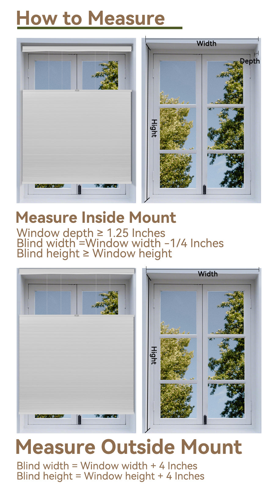 Diagram showing how to measure window blinds for inside and outside mount with labeled width, height, and depth