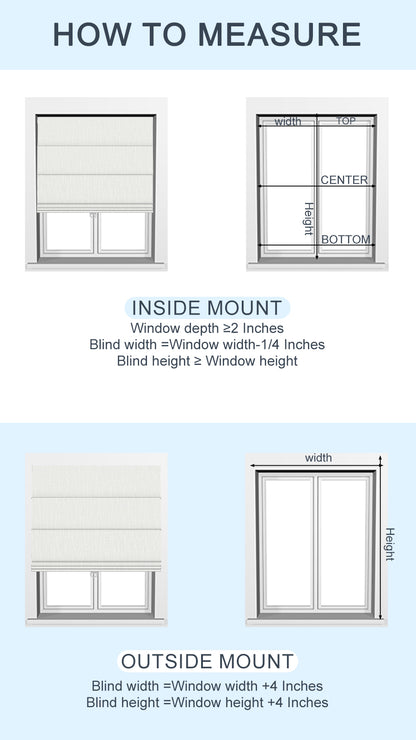 How to measure for Sulugood Classic Cordless Roman Shades with inside and outside mount guidelines.