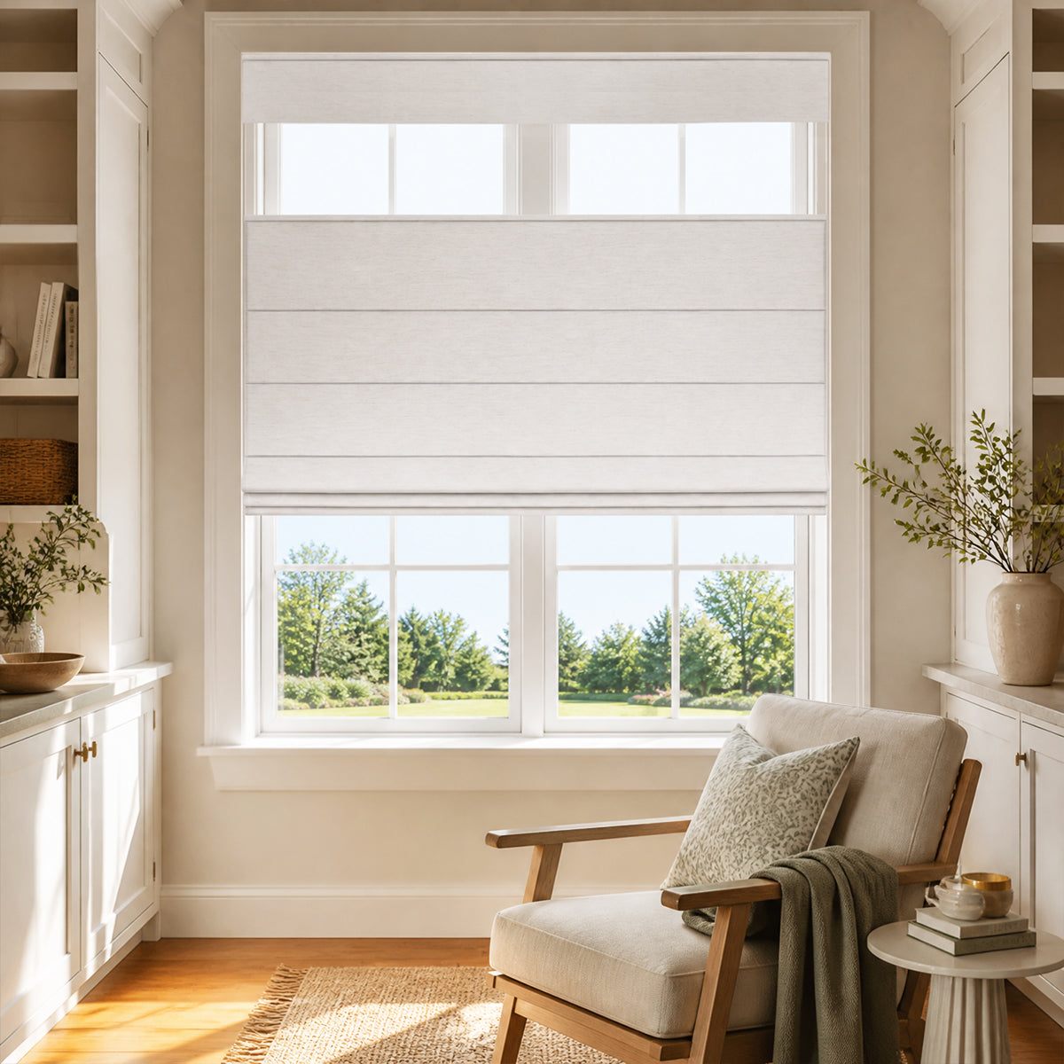 Persianas romanas opacas Sulugood de lino suave premium, inalámbricas y sin taladro, con apertura de arriba abajo y de abajo arriba