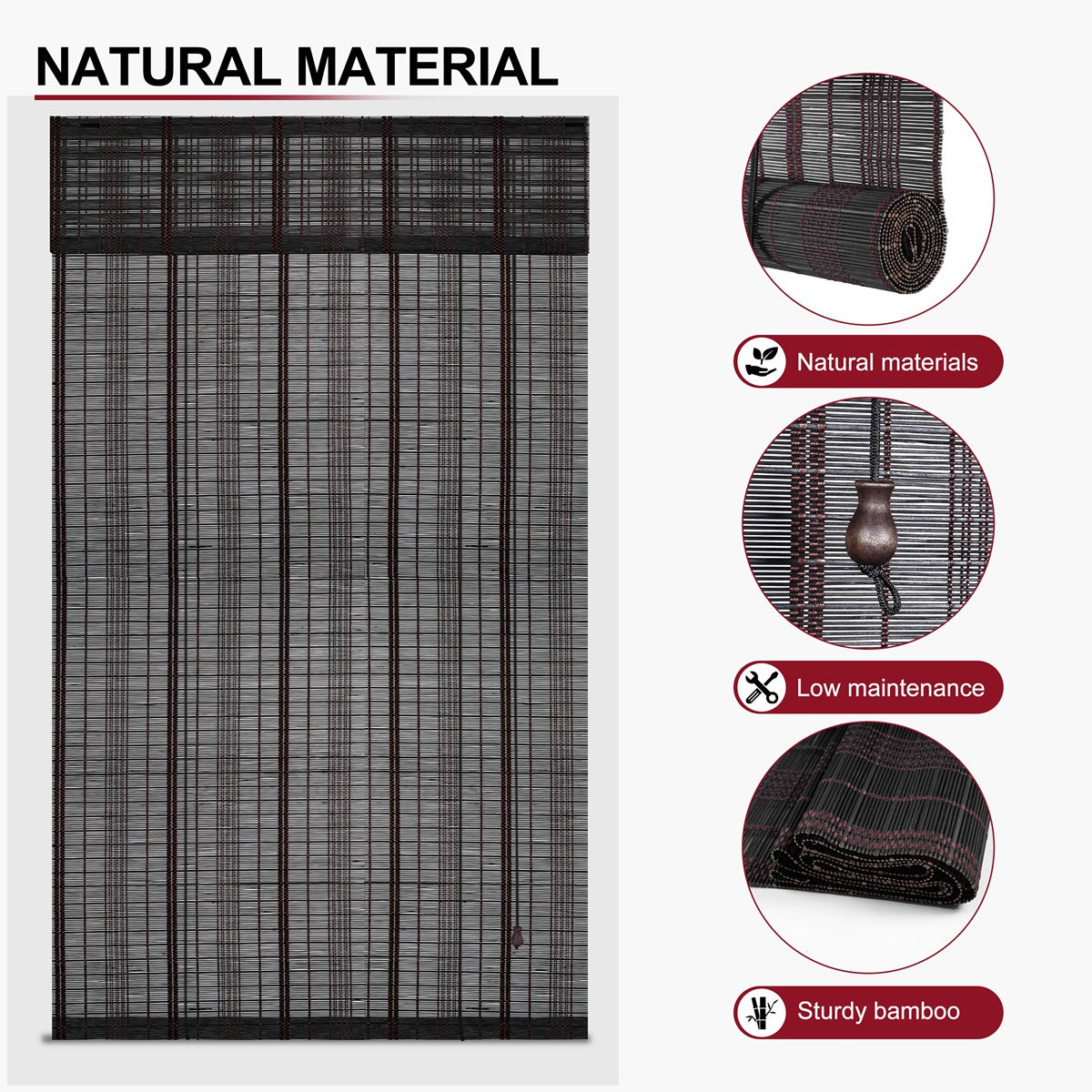 Sulugood Premium Black Hand-Woven Weather Resistant Outdoor Bamboo Shades displayed with natural material features.