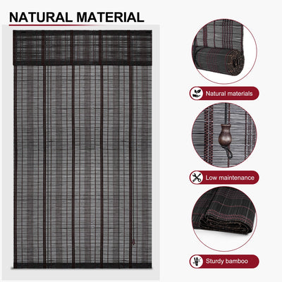 Sulugood Premium Black Hand-Woven Weather Resistant Outdoor Bamboo Shades displayed with natural material features.