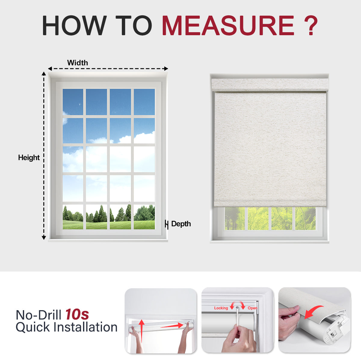 Sulugood Classic No Drill Cordless Cover Bracket Roller Shades