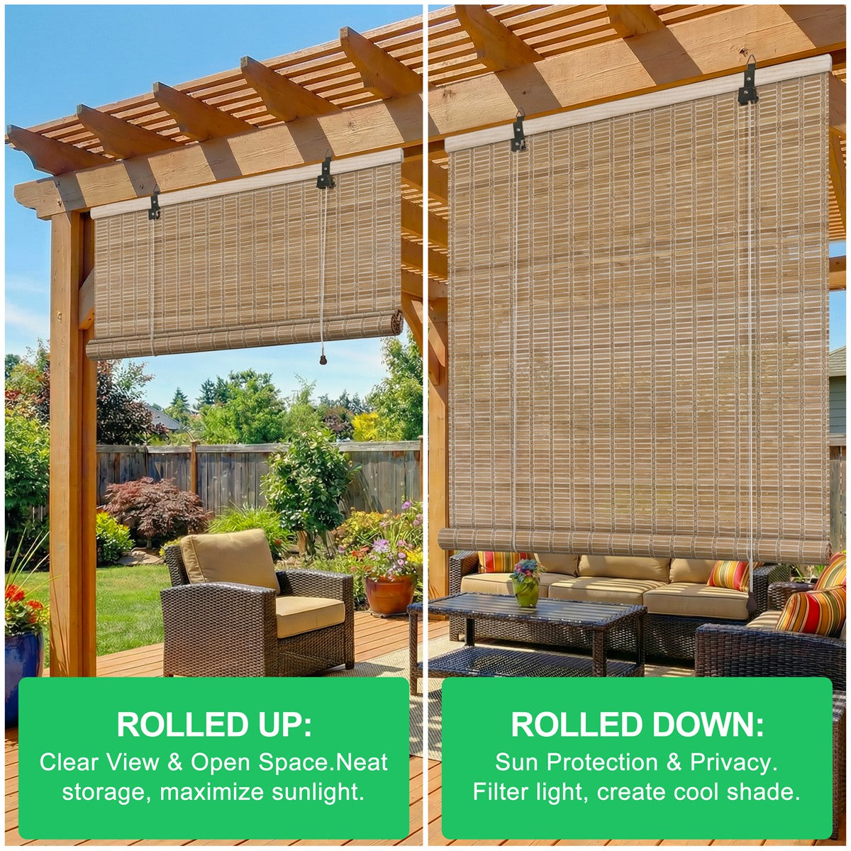 Sulugood Weather Resistant Light Filtering Cord Operated Outdoor Bamboo Shades in both rolled up and rolled down positions.