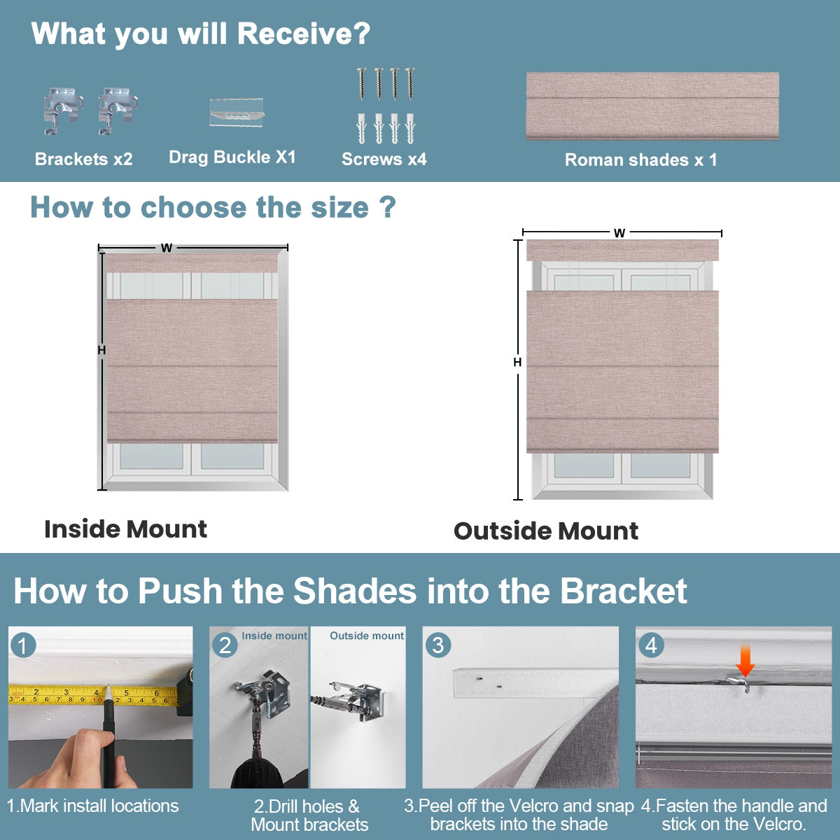 Instructions for installing Sulugood New Premium Cordless Top Down Bottom Up Roman Shades with brackets and sizing options.