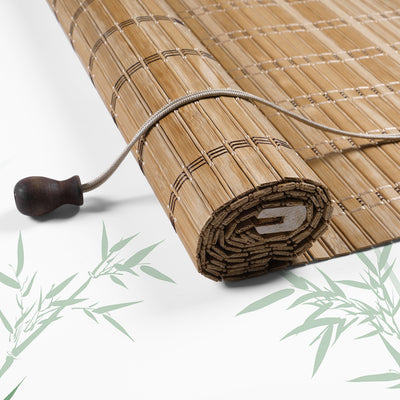 Sulugood Weather Resistant Light Filtering Cord Operated Outdoor Bamboo Shades rolled up with cord.