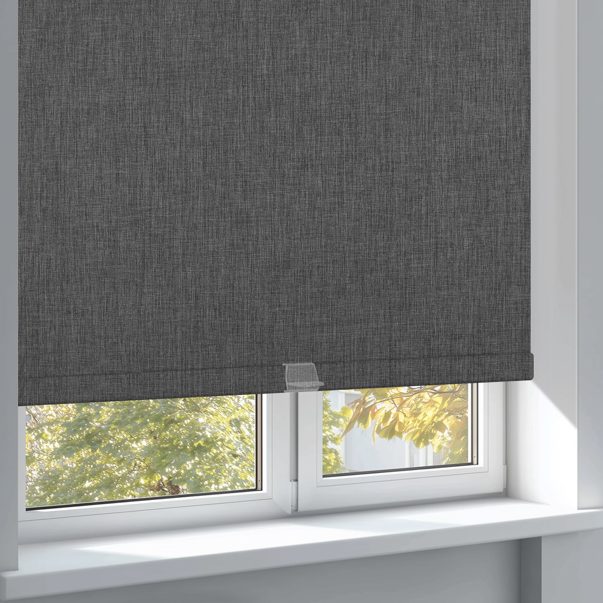 Sulugood Cordless Smart Custom Fabric-Wrapped Electric Roller Shades in gray, beautifully enhancing window decor.