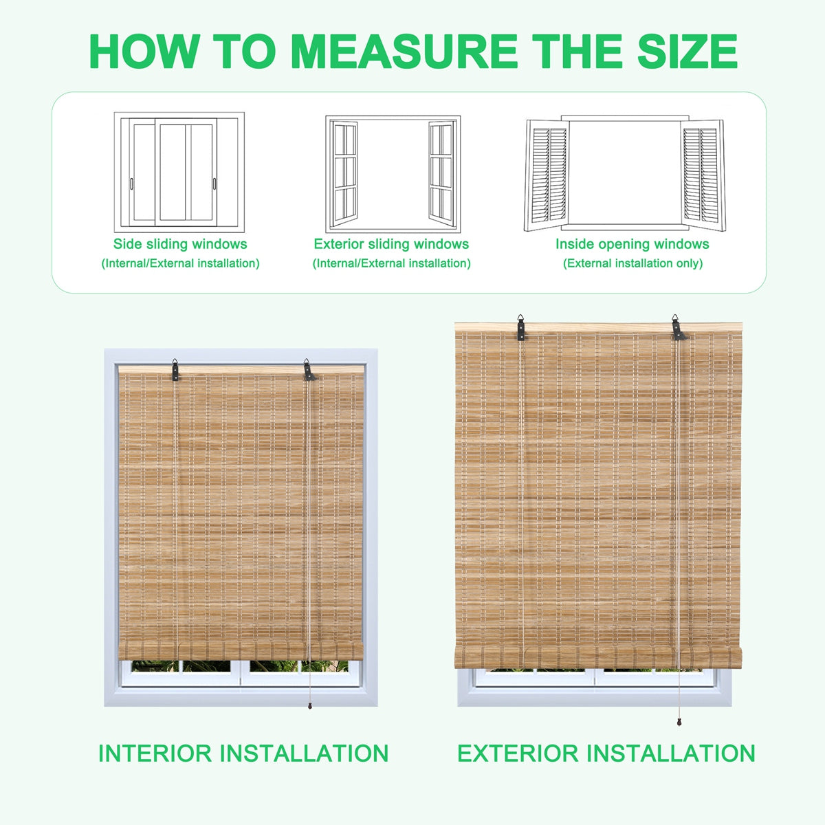 How to measure the size for Sulugood Weather Resistant Light Filtering Cord Operated Outdoor Bamboo Shades installation.