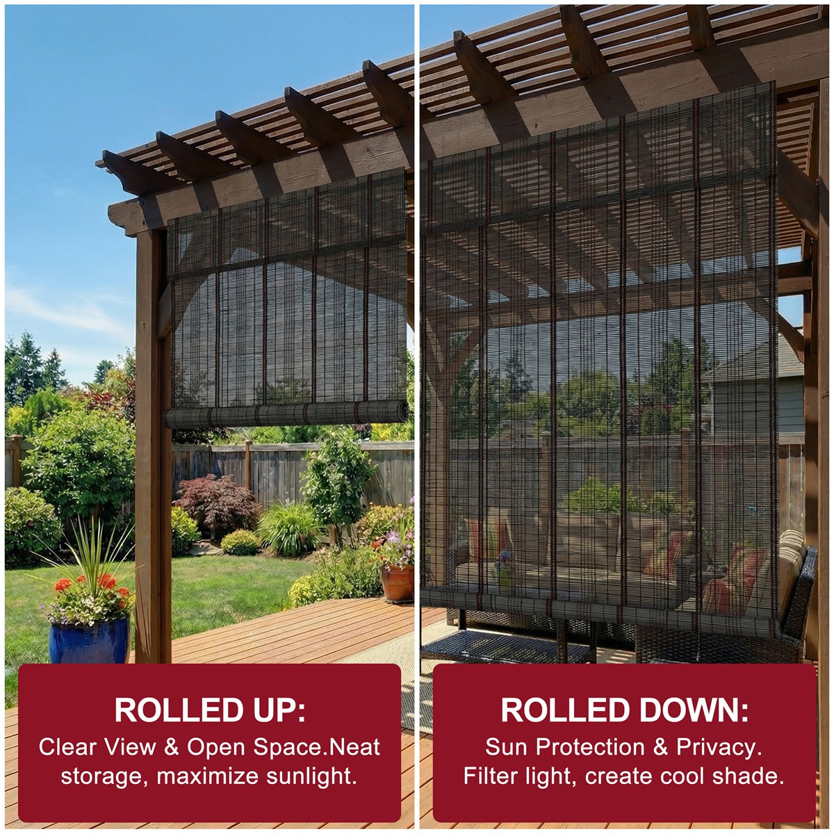 Sulugood Premium Black Hand-Woven Weather Resistant Outdoor Bamboo Shades, rolled up and down for sunlight control.