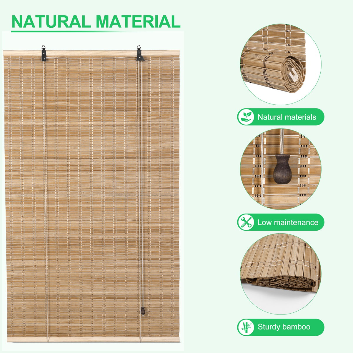 Sulugood Weather Resistant Light Filtering Cord Operated Outdoor Bamboo Shades showcasing natural bamboo material and features.