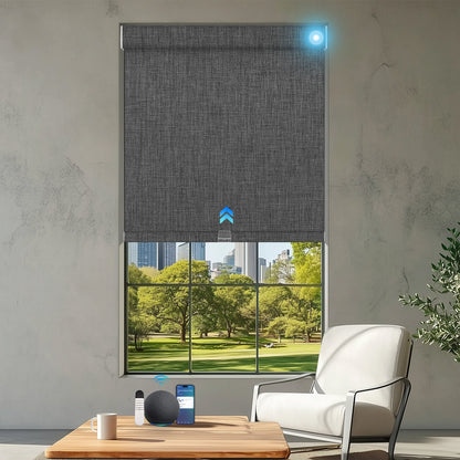 Sulugood Cordless Smart Custom Fabric-Wrapped Electric Roller Shades in modern interior with window view