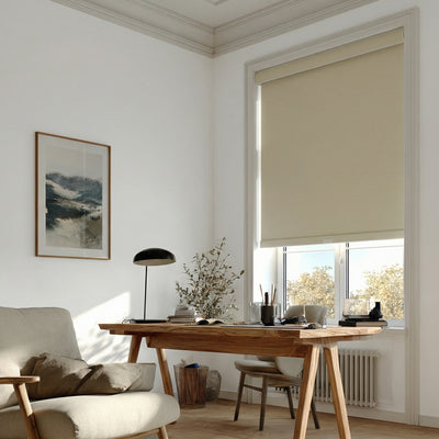 Sulugood Premium Blackout Light Filtering Cassette Roller Blinds with Same Color End Caps in a modern home office setting.