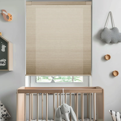 Modern nursery with beige window roller blind, wooden crib, and soft elephant toy