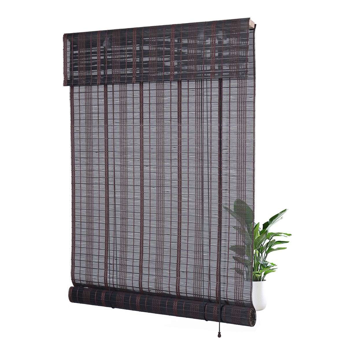 Sulugood Premium Black Hand-Woven Weather Resistant Outdoor Bamboo Shades hanging with a plant nearby.