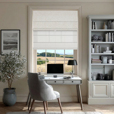 Sulugood Cordless Day and Night Elegant Light Control for Modern Homes Roman Shades in a stylish office setting
