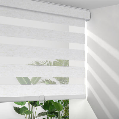 Sulugood Custom Cordless Light-Filtering Zebra Shades with Cover & Handhold in natural light.